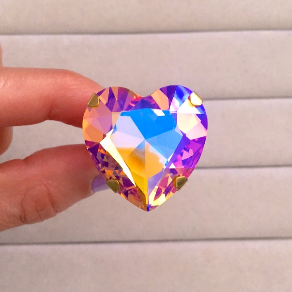 Iridescent Pink Topaz Aurora Borealis + Pastel Pink Oversized Crystal Heart Ring